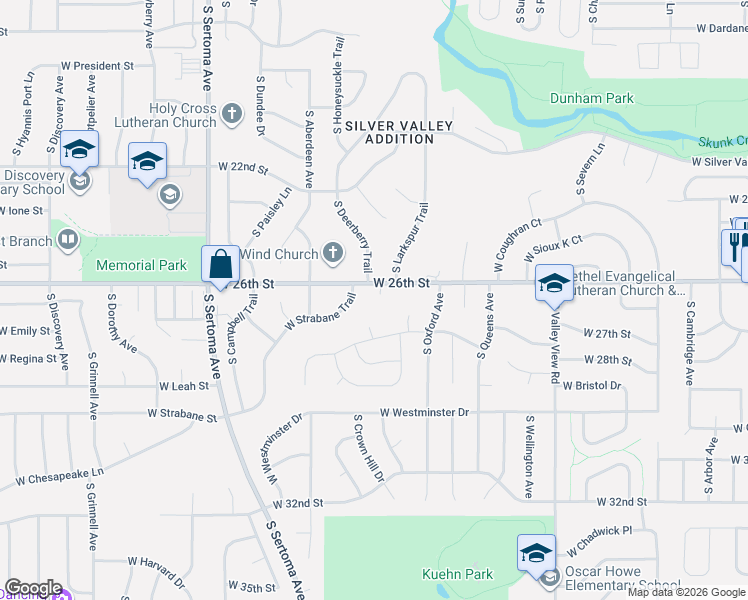 map of restaurants, bars, coffee shops, grocery stores, and more near 1808 Cranston Circle in Sioux Falls