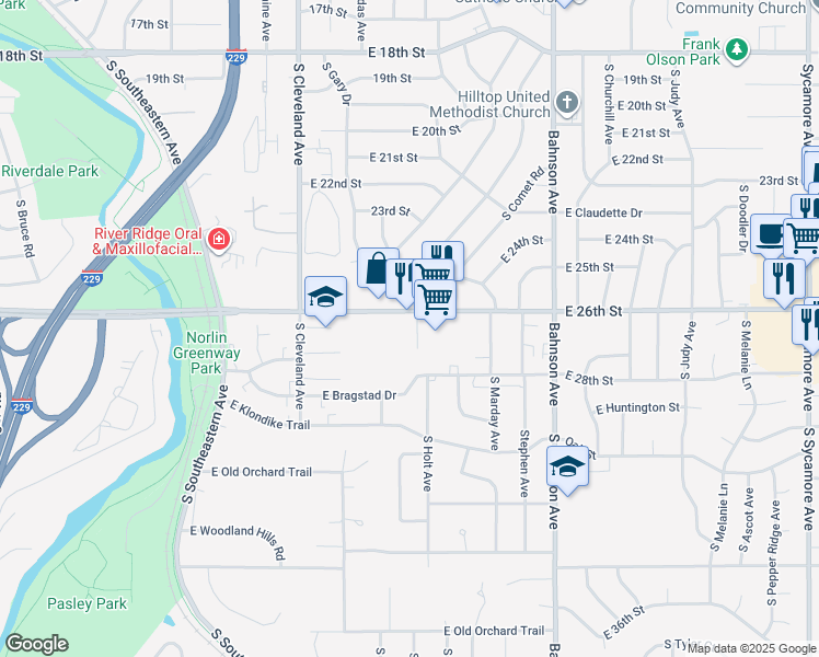 map of restaurants, bars, coffee shops, grocery stores, and more near 3101 East 26th Street in Sioux Falls