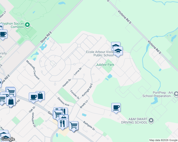 map of restaurants, bars, coffee shops, grocery stores, and more near 90 Kortright Road East in Guelph