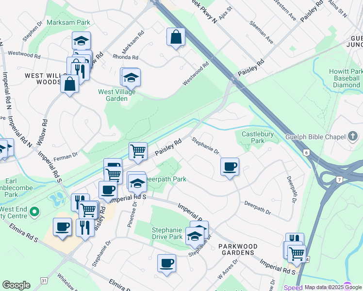 map of restaurants, bars, coffee shops, grocery stores, and more near 772 Paisley Road in Guelph