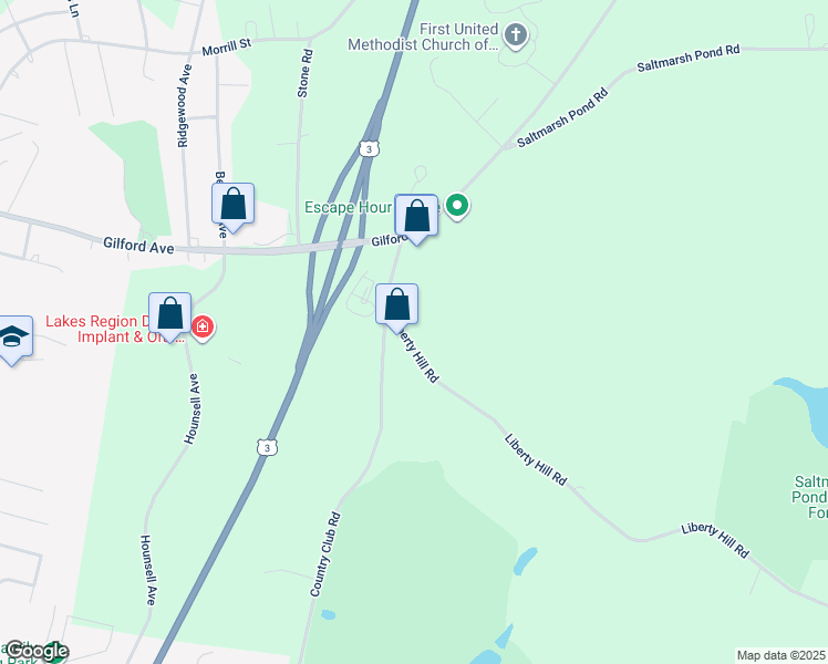 map of restaurants, bars, coffee shops, grocery stores, and more near 10 Liberty Hill Road in Gilford