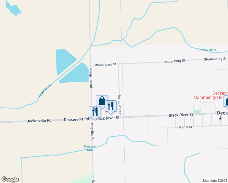 map of restaurants, bars, coffee shops, grocery stores, and more near 3571 Marquette Street in Deckerville