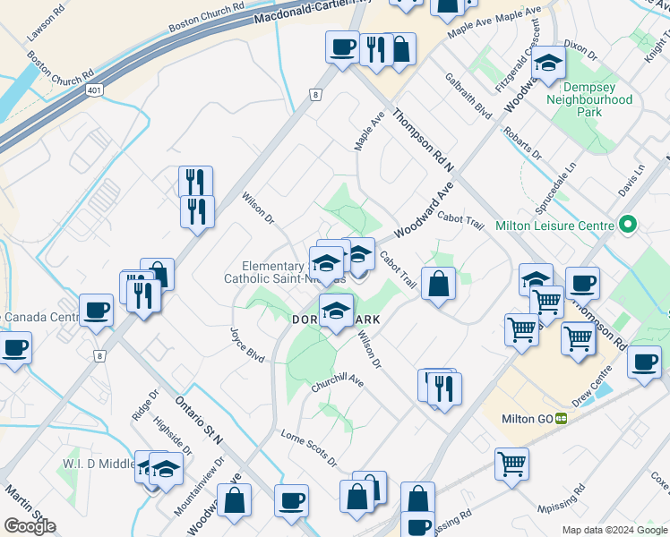 map of restaurants, bars, coffee shops, grocery stores, and more near 738 Briar Crescent in Milton