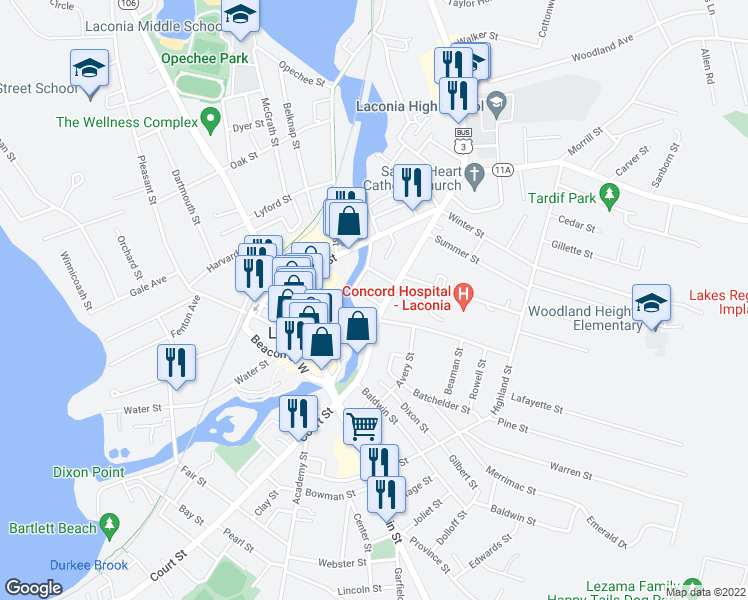 map of restaurants, bars, coffee shops, grocery stores, and more near 98 Arch Street in Laconia