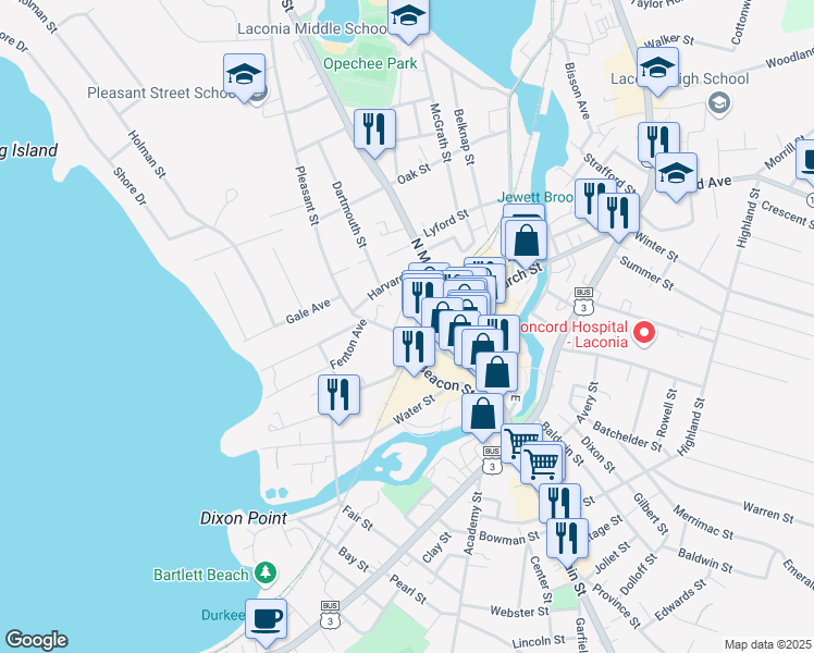 map of restaurants, bars, coffee shops, grocery stores, and more near 136 Pleasant Street in Laconia