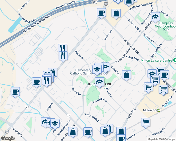 map of restaurants, bars, coffee shops, grocery stores, and more near 248 Wilson Drive in Milton