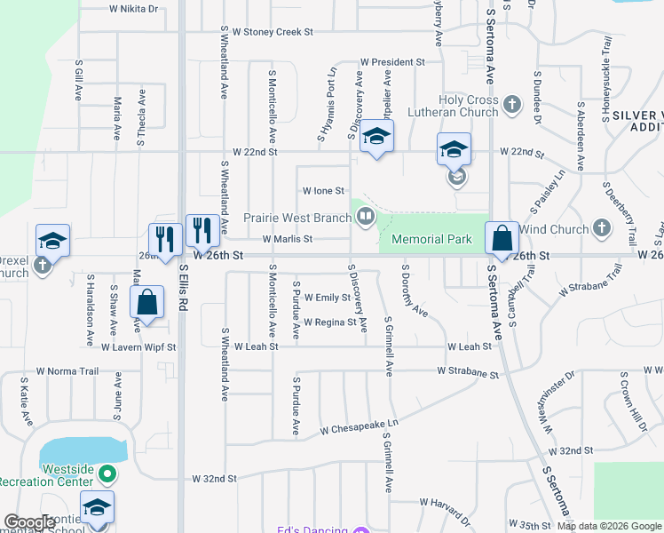 map of restaurants, bars, coffee shops, grocery stores, and more near 7608 West Alexandra Street in Sioux Falls