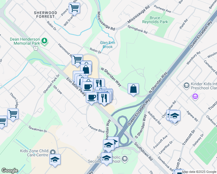 map of restaurants, bars, coffee shops, grocery stores, and more near 1970 Fowler Drive in Mississauga