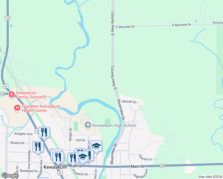 map of restaurants, bars, coffee shops, grocery stores, and more near 9325 Cty Tk South in Kewaskum
