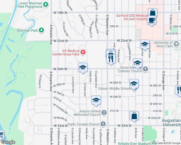 map of restaurants, bars, coffee shops, grocery stores, and more near 1831 South Holly Avenue in Sioux Falls