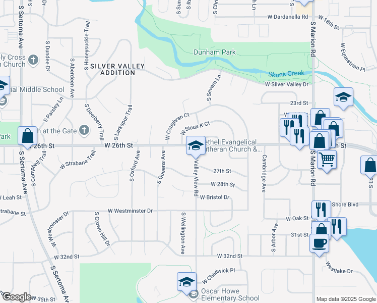 map of restaurants, bars, coffee shops, grocery stores, and more near 1801 South Valley View Road in Sioux Falls