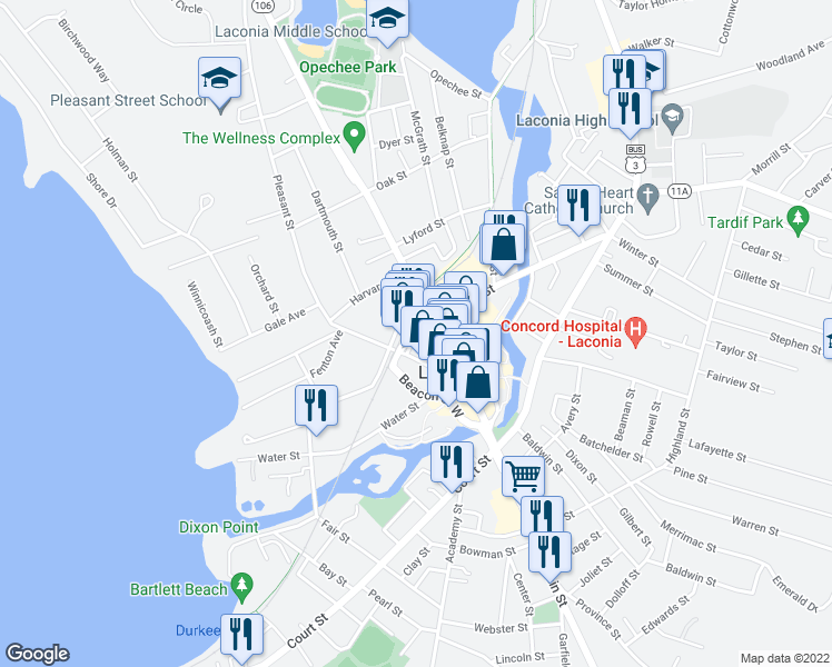map of restaurants, bars, coffee shops, grocery stores, and more near Veterans Square in Laconia