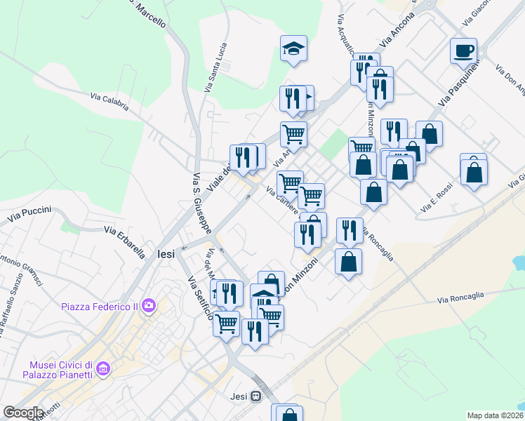 map of restaurants, bars, coffee shops, grocery stores, and more near 21 Via Campania in Jesi