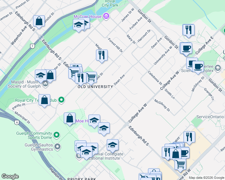 map of restaurants, bars, coffee shops, grocery stores, and more near 90 Dean Avenue in Guelph