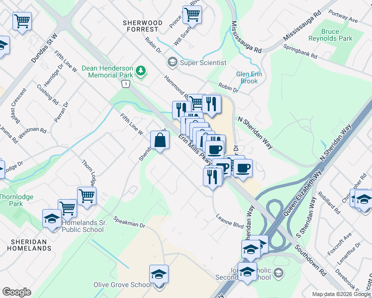 map of restaurants, bars, coffee shops, grocery stores, and more near 2257 Springfield Court in Mississauga