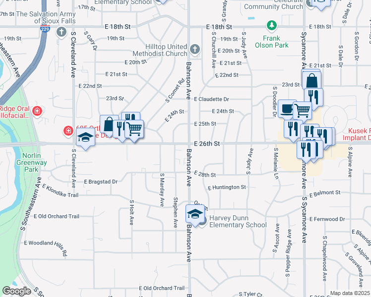 map of restaurants, bars, coffee shops, grocery stores, and more near 1900 South Bahnson Avenue in Sioux Falls