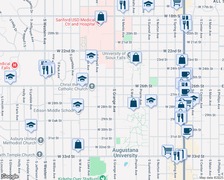 map of restaurants, bars, coffee shops, grocery stores, and more near 1900 South Grange Avenue in Sioux Falls