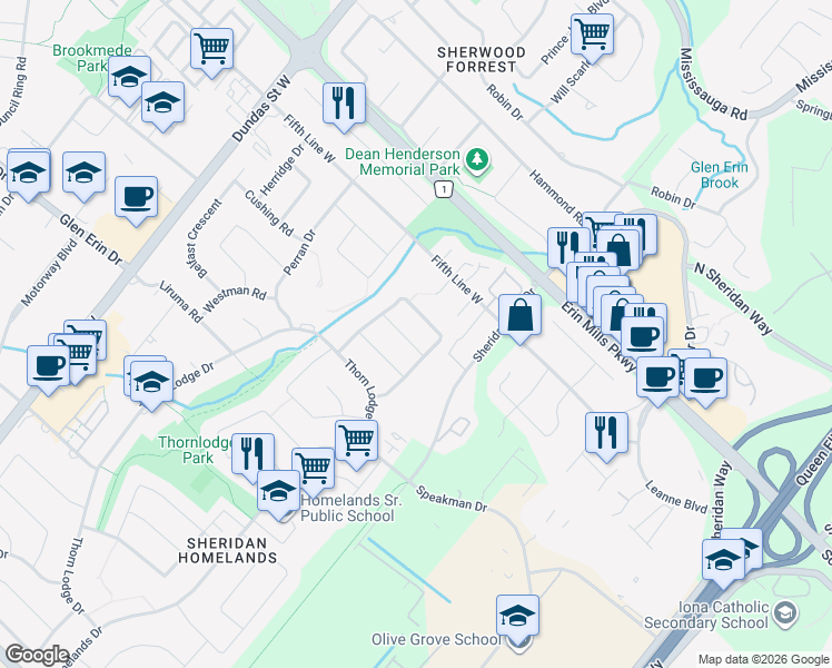 map of restaurants, bars, coffee shops, grocery stores, and more near 2393 Speyside Drive in Mississauga