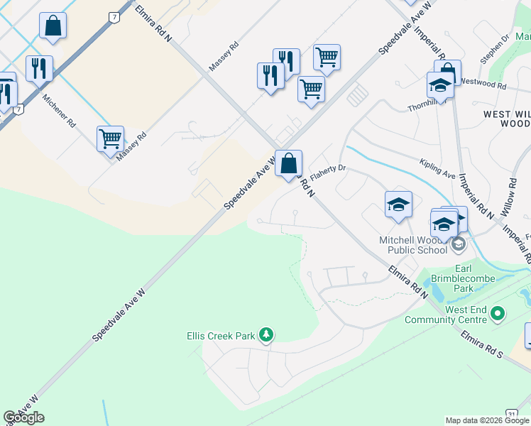 map of restaurants, bars, coffee shops, grocery stores, and more near 70 Chillico Drive in Guelph
