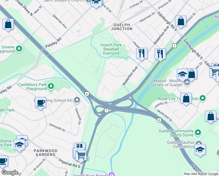 map of restaurants, bars, coffee shops, grocery stores, and more near 191 Silvercreek Parkway South in Guelph