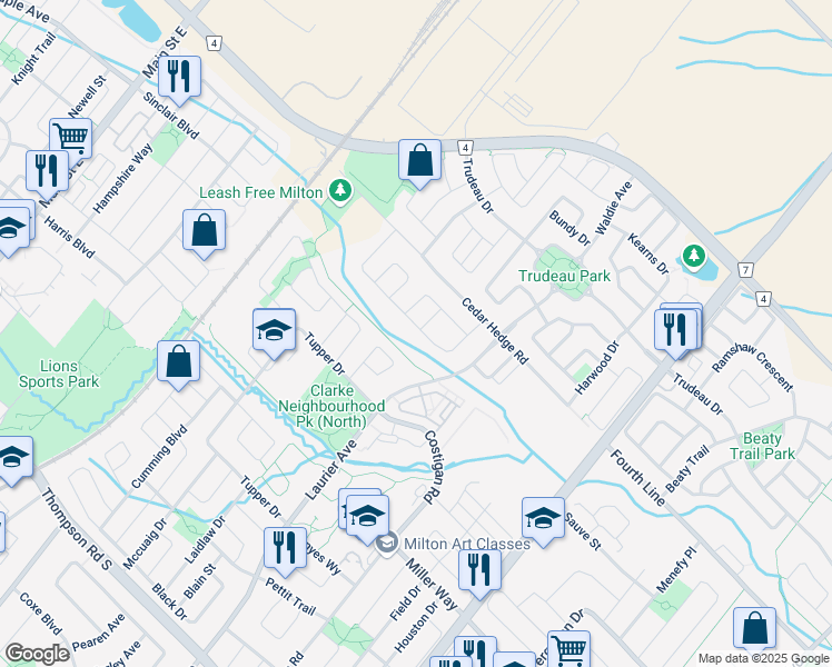 map of restaurants, bars, coffee shops, grocery stores, and more near 428 McGibbon Drive in Milton