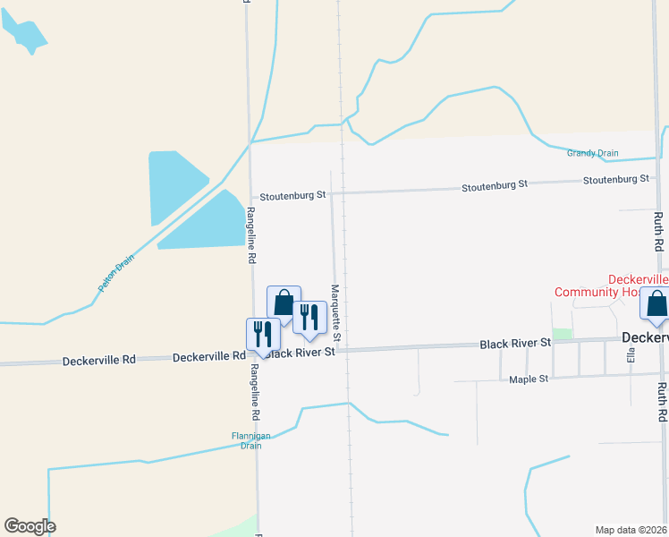 map of restaurants, bars, coffee shops, grocery stores, and more near 3571 Marquette Street in Deckerville