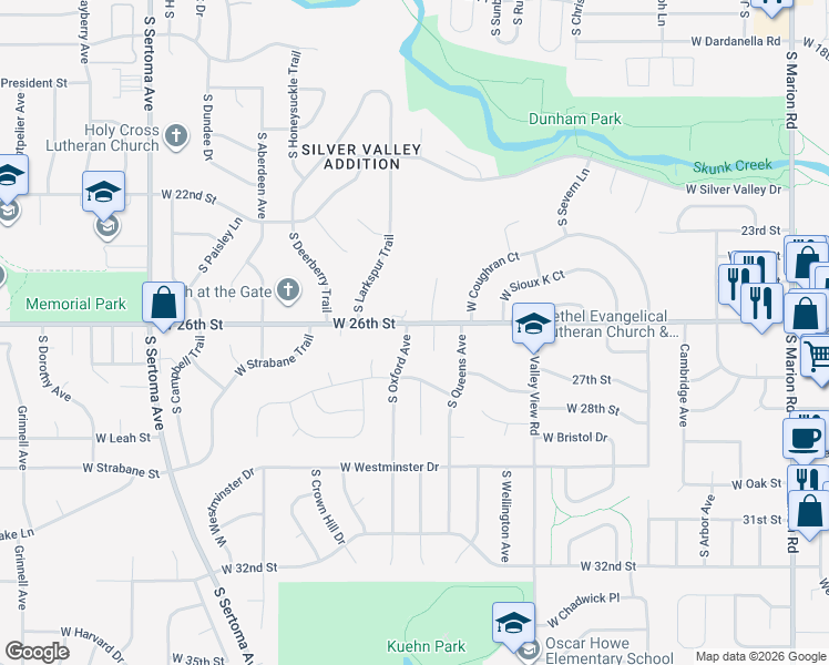 map of restaurants, bars, coffee shops, grocery stores, and more near 1800 South Oxford Avenue in Sioux Falls