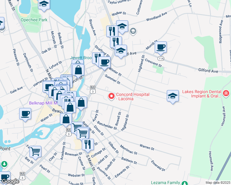 map of restaurants, bars, coffee shops, grocery stores, and more near 64 Spring Street in Laconia