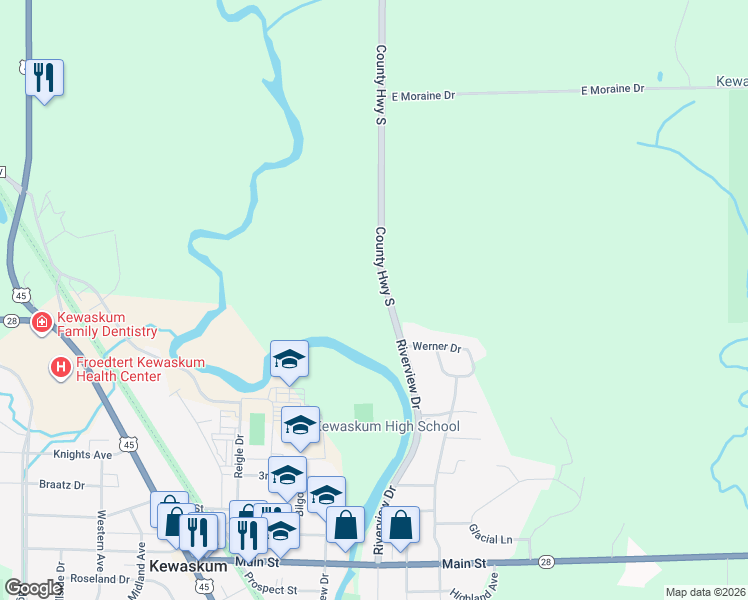 map of restaurants, bars, coffee shops, grocery stores, and more near 9325 Cty Tk South in Kewaskum