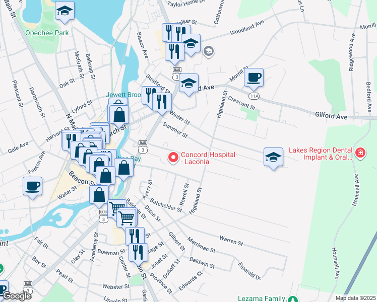 map of restaurants, bars, coffee shops, grocery stores, and more near 87 Spring Street in Laconia