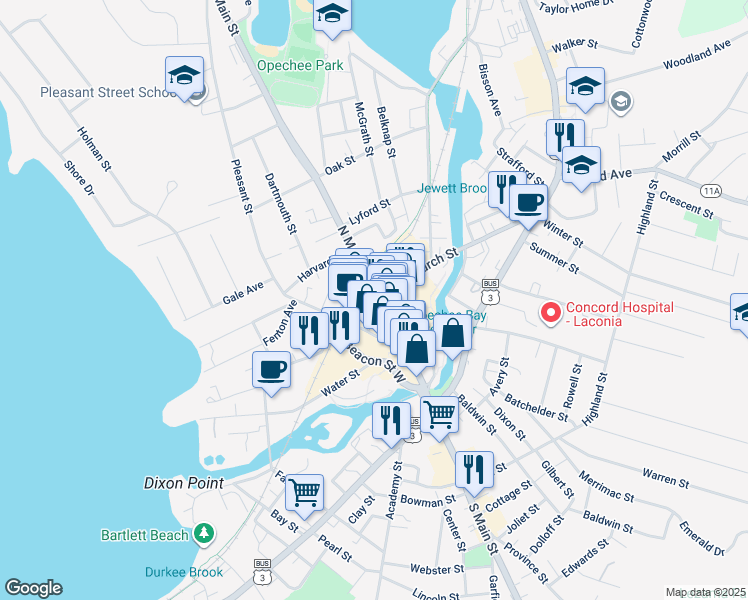 map of restaurants, bars, coffee shops, grocery stores, and more near in Laconia