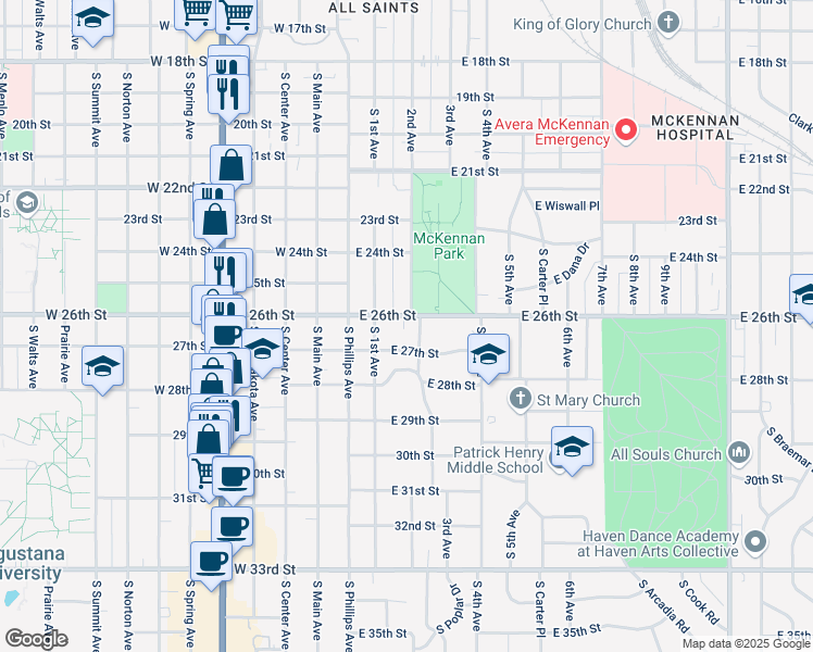 map of restaurants, bars, coffee shops, grocery stores, and more near 1816 South 1st Avenue in Sioux Falls
