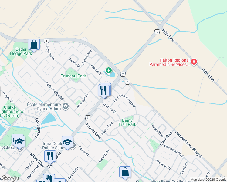 map of restaurants, bars, coffee shops, grocery stores, and more near 641 Marley Crescent in Milton