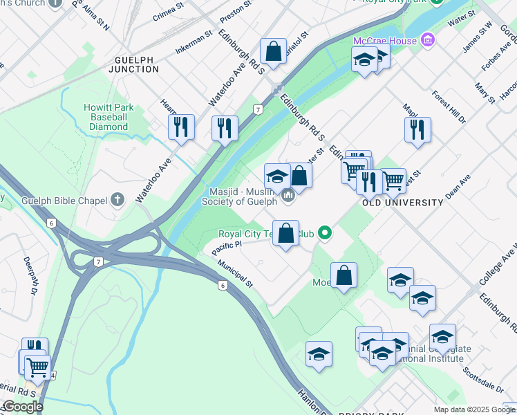 map of restaurants, bars, coffee shops, grocery stores, and more near 295 Water Street in Guelph
