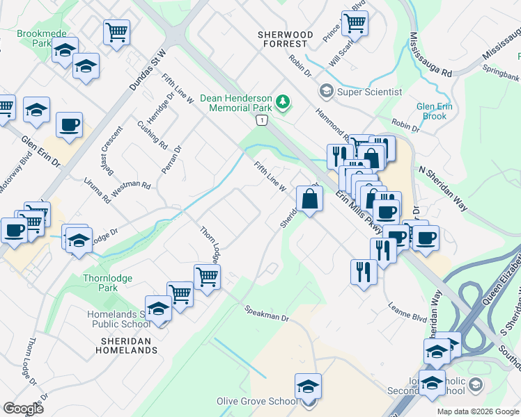 map of restaurants, bars, coffee shops, grocery stores, and more near 2100 Waycross Crescent in Mississauga