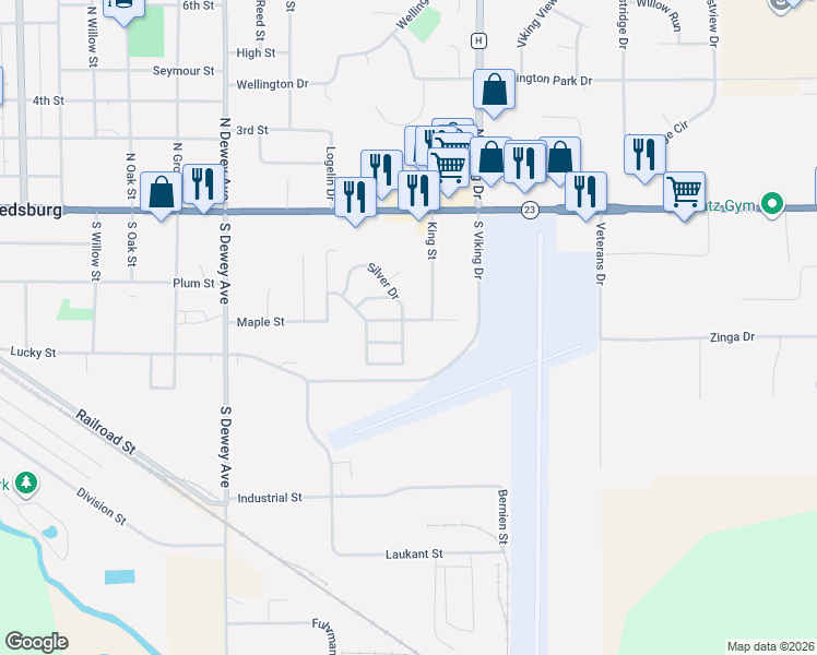 map of restaurants, bars, coffee shops, grocery stores, and more near 90 South Aire Drive in Reedsburg