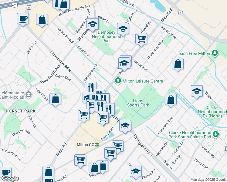 map of restaurants, bars, coffee shops, grocery stores, and more near in Milton