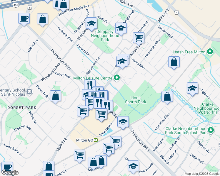 map of restaurants, bars, coffee shops, grocery stores, and more near in Milton