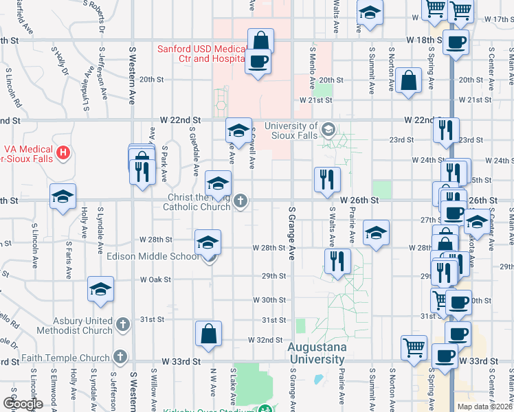 map of restaurants, bars, coffee shops, grocery stores, and more near 1804 South Covell Avenue in Sioux Falls