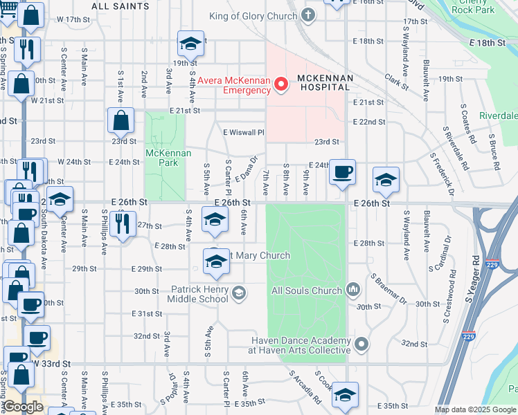 map of restaurants, bars, coffee shops, grocery stores, and more near 1801-1999 S 7th Ave in Sioux Falls