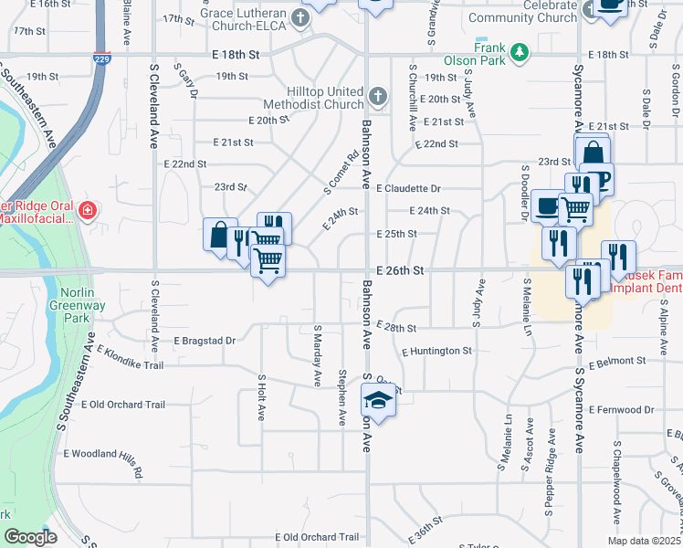 map of restaurants, bars, coffee shops, grocery stores, and more near 1804 South Stephen Avenue in Sioux Falls