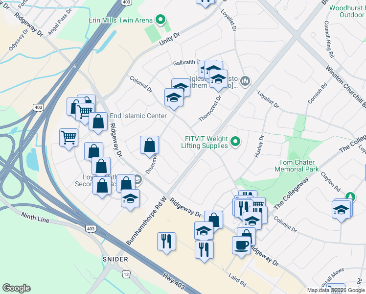 map of restaurants, bars, coffee shops, grocery stores, and more near 3945 Renfrew Crescent in Mississauga