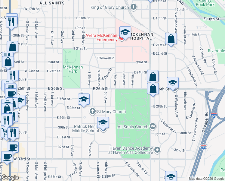 map of restaurants, bars, coffee shops, grocery stores, and more near 1801-1999 S 7th Ave in Sioux Falls