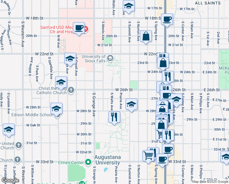 map of restaurants, bars, coffee shops, grocery stores, and more near 1907 South Prairie Avenue in Sioux Falls