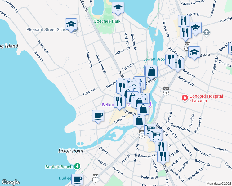map of restaurants, bars, coffee shops, grocery stores, and more near 136 Pleasant Street in Laconia