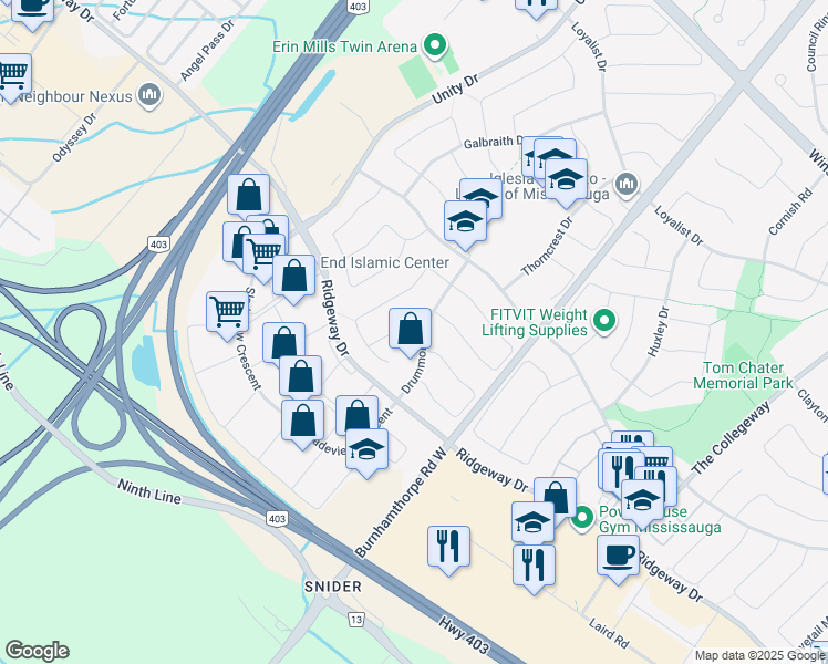 map of restaurants, bars, coffee shops, grocery stores, and more near 3411 Drummond Road in Mississauga