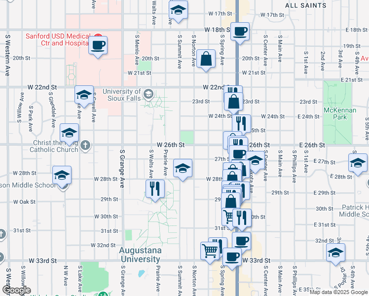 map of restaurants, bars, coffee shops, grocery stores, and more near 1903 South Summit Avenue in Sioux Falls