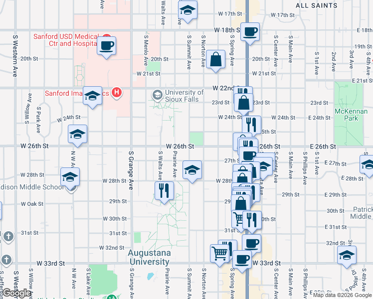 map of restaurants, bars, coffee shops, grocery stores, and more near 901 West 26th Street in Sioux Falls