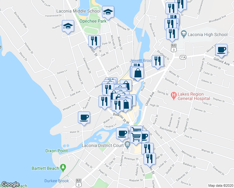 map of restaurants, bars, coffee shops, grocery stores, and more near 695 Main Street in Laconia