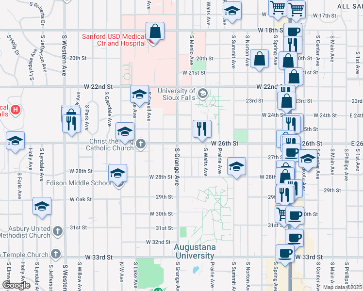map of restaurants, bars, coffee shops, grocery stores, and more near 1704 South Grange Avenue in Sioux Falls